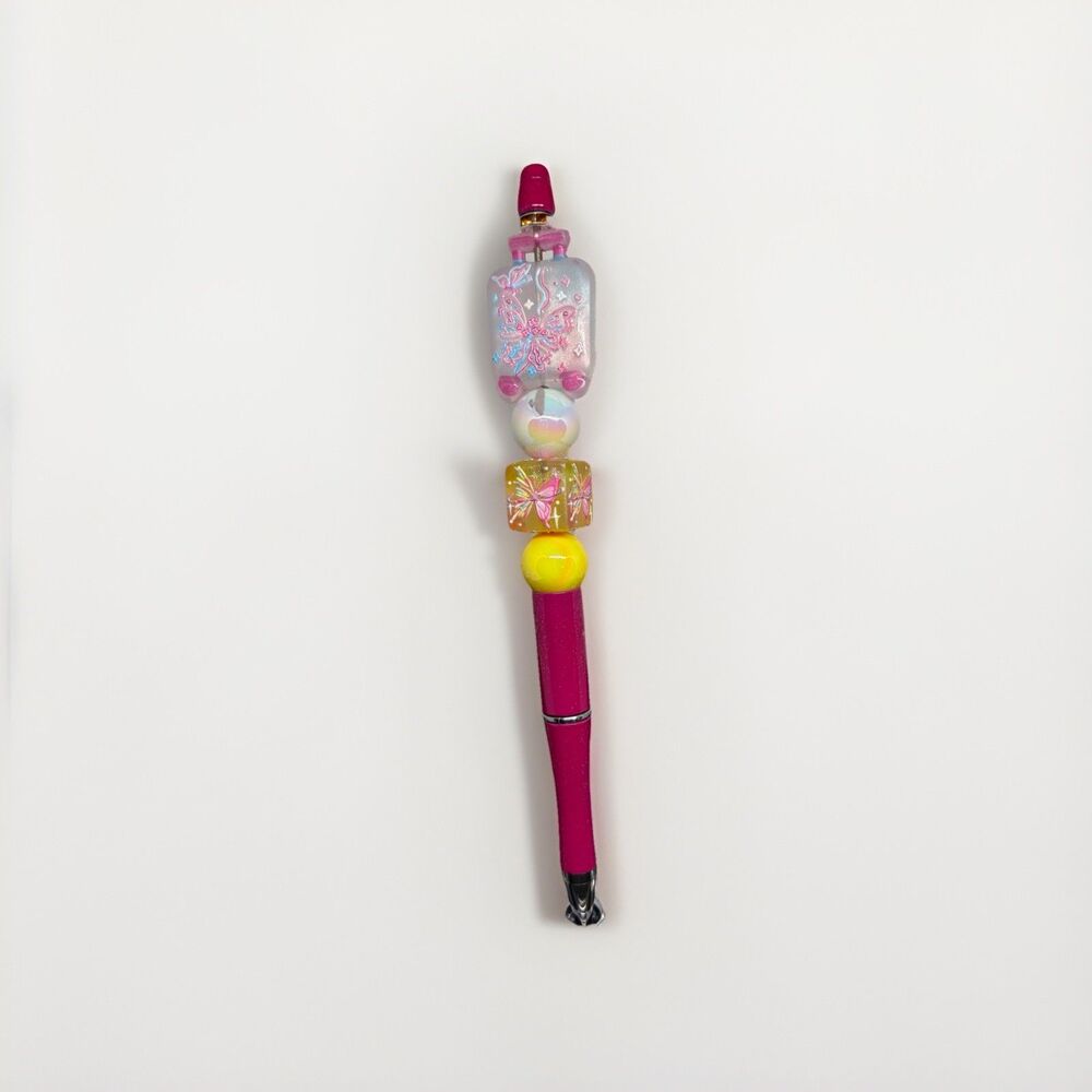 Handmade Beaded Ballpoint Pen Pink Barrel Glitter Butterfly Charm Black Ink